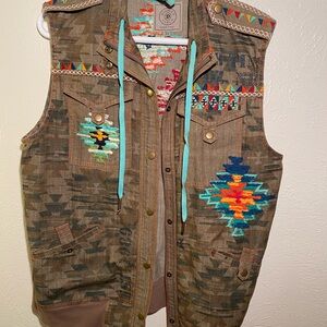 Double D Ranch Brown Vest with Turquoise and Red Aztec Accents